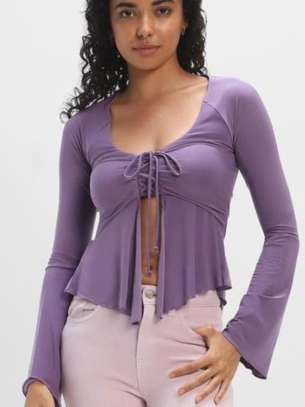 Forever 21 Lavender Ruched Tie-Front Long Sleeve Tunic